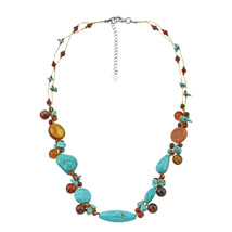 Colorful Splash Turquoise and Brown Stone and Crystal Silk Thread Necklace - £17.43 GBP