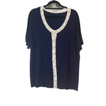 Judith Hart Women&#39;s Blue White Beaded Snap Button Short Sleeve Cardigan Sweater - £15.09 GBP