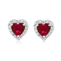 2.32 Ct Heart Cut Simulated Ruby 925 Silver Halo Solitaire Stud Earrings - £29.42 GBP