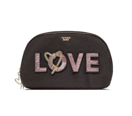 NWT VICTORIA'S SECRET Runway Patch Glam Cosmetic Bag Pink love  Bling Double Zip - £23.52 GBP