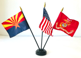 3 Mini Flags &amp; Stand US Flag State of Arizona &amp; United States Marine Corps 10.5&quot; - $19.34