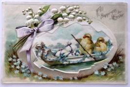 Easter Postcard Fantasy Baby Chicks Rowing Canoe Boat Forget Me Nots Embossed - £8.19 GBP