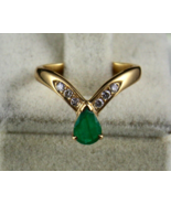 Vintage Natural Emerald Pear Cut Round Diamond 18K Yellow Gold Ladies Ring - $683.72 CAD