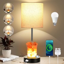 Table Lamp With Salt Lamp, 3-Way Dimmable Bedside Nightstand Lamp With Usb Ports - £43.94 GBP