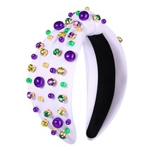 Mardi Gras Headband for Women Pearl Rhinestone Beads Jeweled Knotted Hairband Ma - £25.57 GBP