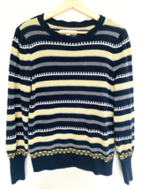 Loft by Ann Taylor Women&#39;s Medium Navy Gold Shimmer Striped Cotton Sweater - £10.66 GBP