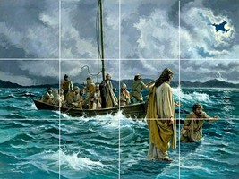 Jesus &amp; Peter walking on the sea of Galilee water ceramic tile mural backsplash - £46.85 GBP+