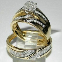 Simulated Diamond Trio Bridal Engagement Ring Set 14K Yellow Gold Plated Silver - £135.11 GBP