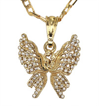 Butterfly Iced CZ Pendant 20&quot; Figaro Necklace 14k Gold Plated Womens Jewelry - £7.56 GBP