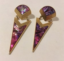 Chevron Earrings Pink Purple Mother Of Pearl Gold Metal Post Pierced Dangle - £23.32 GBP