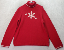 Tommy Hilfiger Sweater Womens Sz XL Red Chunky Embroidered Snow Flake Turtleneck - £21.71 GBP