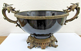 Large Bronze Doré and Black Porcelain Floral Handled Centerpiece Bowl - £257.36 GBP