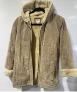 St John’s Bay Coat Tan Leather Faux Fur Lining Size Large With Hood - $48.02