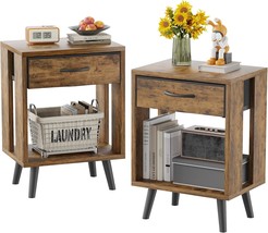 Nightstand Set Of 2 With Fabric Drawers And Open Shelves - Rustic Bedroom Side - $115.99