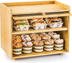 ZENFUN Bamboo Bread Box with Acrylic Display Window, 2 Layer Rustic Pastry Box F - £38.86 GBP