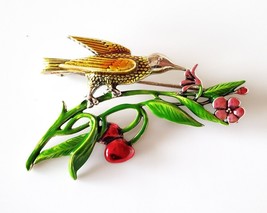 Silver plated Russian brooch - bird flowers - enamel pin - £31.04 GBP