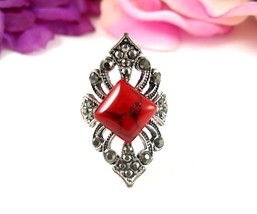 MARCASITE &amp; Deep Red Mock Stone VINTAGE RING Black Veins Silvertone Size... - €15,58 EUR