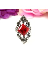 MARCASITE &amp; Deep Red Mock Stone VINTAGE RING Black Veins Silvertone Size... - $24.25 CAD