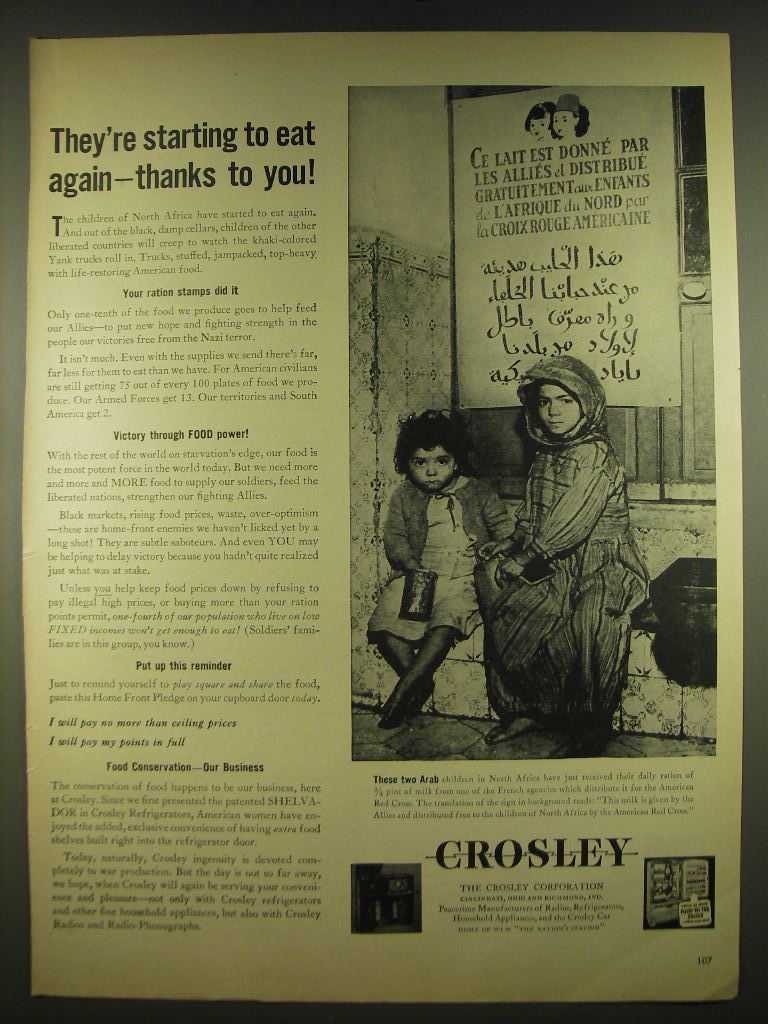 1944 Crosley Corporation Ad - They're starting to eat again - thanks to you - $18.49