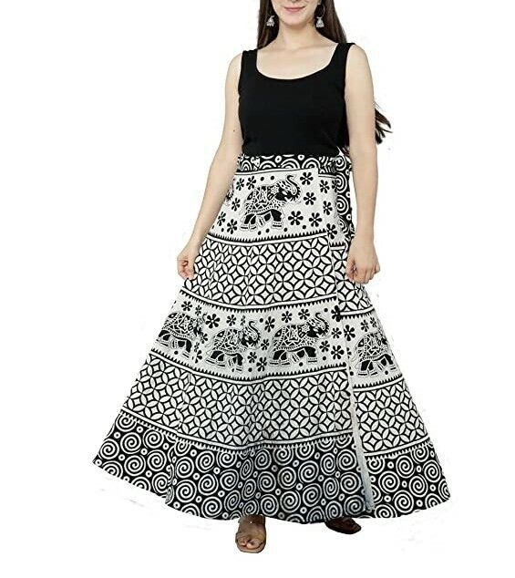 Primary image for Women Wrap skirt Jaipur Indian Cotton Maxi 38"(Free Size upto 46"-XXXL)T19 black