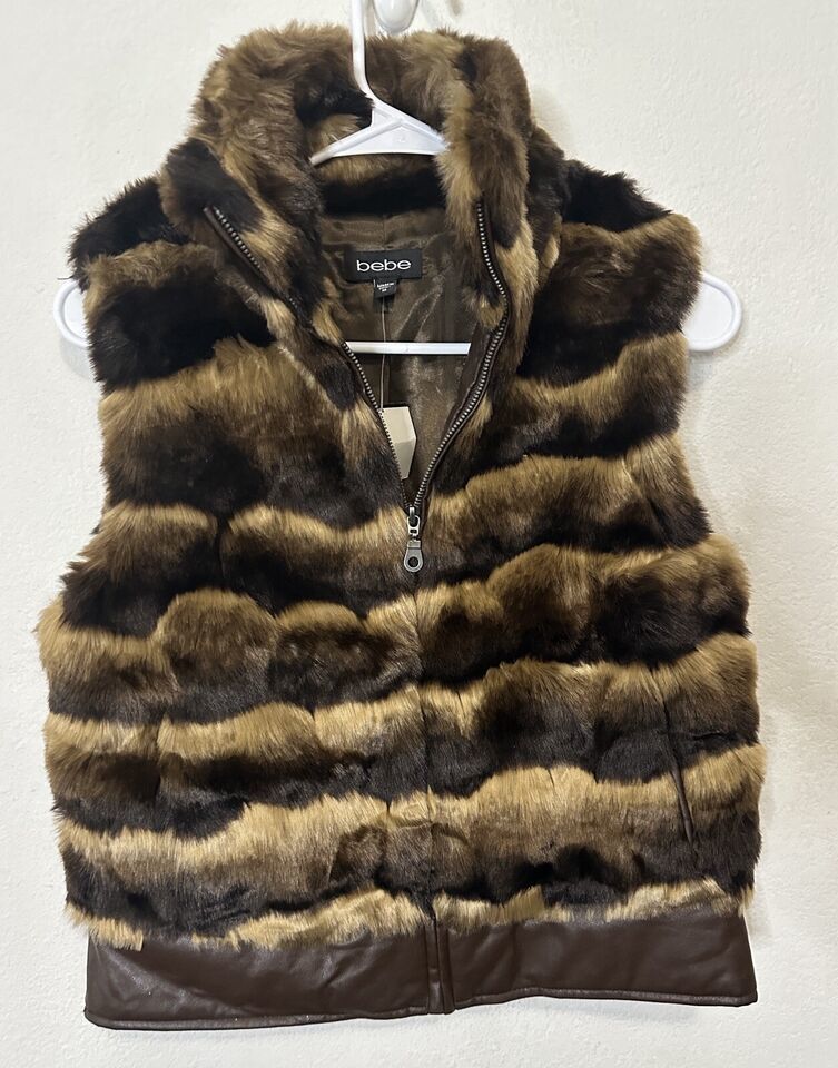Bebe Brown Faux Fur Full Zip Vest W/ Trim Size Medium - $39.99