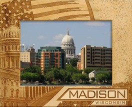 Madison Wisconsin with American Flag Laser Engraved Wood Picture Frame (5 x 7) - £23.27 GBP