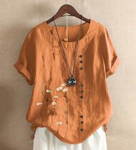 Elegant Daisy Print Cotton Linen Shirt Casual Summer Women O-Neck Short Sleeve Y - £46.73 GBP