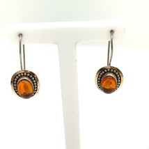 Vtg Sterling Signed 925 Oval Baltic Amber Stone Cabochon Dangle Hook Earrings - £31.65 GBP