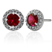 2.39CT Womens Stylish Halo Round Genuine Ruby Stud Earring 14K Wg Plated Silver - £35.01 GBP