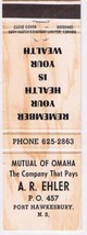 Matchbook Cover A R Ehler Port Hawkesbury Nova Scotia Mutual Of Omaha - £0.76 GBP