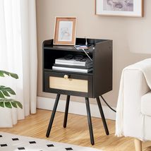 Nightstand with Charging Station, Side Table with Rattan-Like Decor Drawer, Ratt - £49.91 GBP