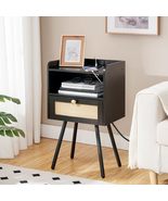 Nightstand with Charging Station, Side Table with Rattan-Like Decor Draw... - £50.23 GBP