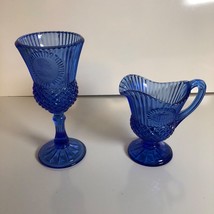 Vintage Avon Fostoria Cobalt Blue Glass Footed Pitcher Creamer and Goblet Set - $29.39