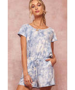 Tie Dye Round Neck Short Raglan Sleeves Drawstring waist Knit Blue Rompe... - £30.66 GBP