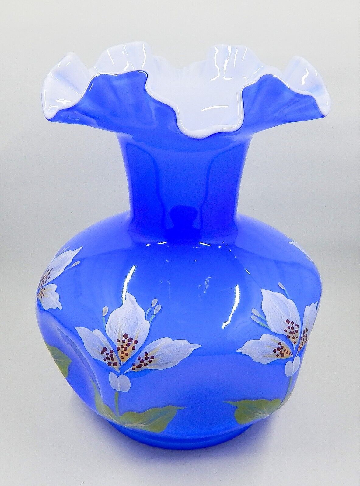 Fenton Blue Overlay Cased Glass White Hand-Painted Flowers Pinched Ruffle Vase - $159.99