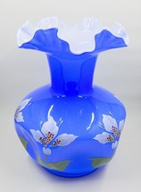 Fenton Blue Overlay Cased Glass White Hand-Painted Flowers Pinched Ruffle Vase - £126.41 GBP