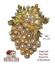 Grape Leaf Pin Faux Pearl w/ Rhinestones Goldtone Vintage Brooch Pin - £19.24 GBP