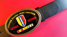 Vietnam Veteran -UNITED STARES ARMY- Epoxy Belt Buckle&amp; Black Belt NEW - £18.09 GBP