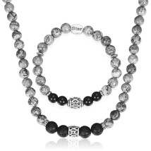Womens Mens Bead Jewelry Sets Map Stone Black Glass Bead Necklace Bracelet Stain - £20.44 GBP