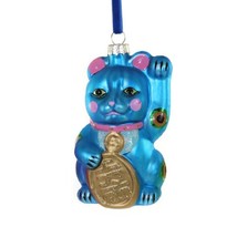 LUCKY CAT ORNAMENT 4.5&quot; Glass Christmas Cute Blue Maneki Neko Beckoning ... - £18.32 GBP