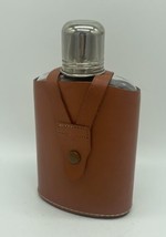 Vintage Glass Flask With Metal Cap &amp; Cup And Leather Case 6.25” - £14.44 GBP