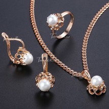 Earrings Ring Pendent Necklace Set For Women Pearl Bead Ball Rose GolSimulated P - £11.42 GBP