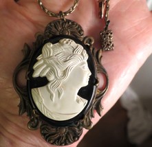 Antique Celluloid Cameo Style Pendant Black White Brass Oldy Chain Flower 2.25&quot; - £46.35 GBP
