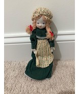 Vintage Porcelain Doll In Green Dress &amp; Apron With Braided Hair &amp; Bonnet... - $16.82