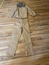 Vintage Terry Lewis Leather Suit Blazer S &amp; 10 Pants Tan Jacket Set Faux Fur - £38.93 GBP