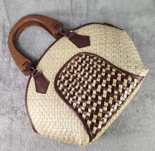 Womens Purse Brown Tan Woven Basket Faux Leather Wooden Handle Boho Hand... - £25.22 GBP