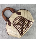 Womens Purse Brown Tan Woven Basket Faux Leather Wooden Handle Boho Hand... - £25.02 GBP