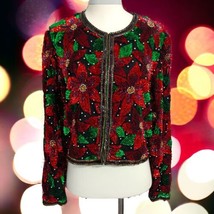 Laurence Kazar Poinsettia Jacket PL Silk Blazer Sequin Encrusted Vintage... - $148.48