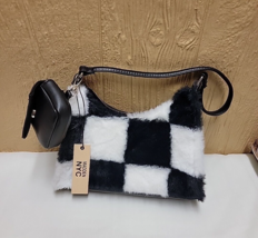 Madden NYC Shoulder Bag with Attachment Black &amp; White Checked Faux Leather &amp; Fur - £14.65 GBP