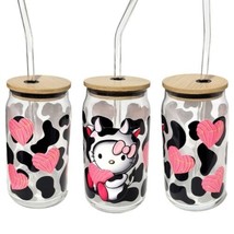 Hello Kitty Cow Glass Tumbler Cup 16oz Pink Black Design - $16.82